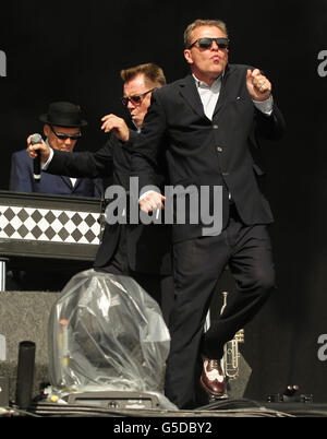 Suggs (right) and Chas Smash of Madness performing on The Virgin Media Stage at the V Festival in Hylands Park, Chelmsford. Stock Photo