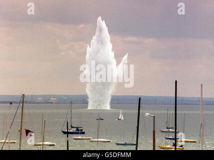 The plume of water after a 2,000lb Second World War bomb was exploded by a Royal Navy team, just a mile away from the pier at Southend-on-Sea, Essex. A mile-wide air and sea exclusion zone was set up around the unexploded German bomb. * one mile off the pier after it was caught in a fishing boat's nets. Stock Photo