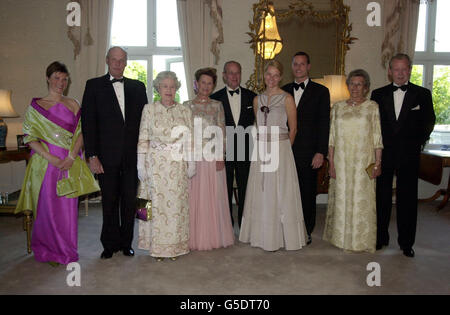 Queen Elizabeth and the Duke of Edinburgh on an official visit to Norway, gave a dinner for among others their hosts. The picture shows from left to right Princess Martha Louise, King Harald, Queen Elizabeth, Queen Sonja, Prince Philip, Ms. Mette-Marit Tjessem Hoiby. * ..... (who is engaged to be married to Crownprince Haakon), Crownprince Haakon, Princess Astrid Mrs Ferner and Mr. Johan Martin Ferner.