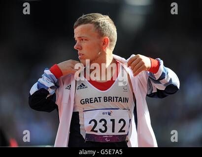 Great Britain's Kyron Duke during the Men's Shot Put - F40 at the Olympics Stadium, London. Stock Photo