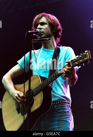 Beck Radiohead concert. American musician Beck performing on stage in Oxford, during a concert organised by the rock group Radiohead. Stock Photo