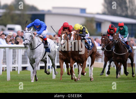 Horse Racing - Newbury. Scarf ridden by Frankie Dettori wins the Dubai Duty Free Cup Stock Photo