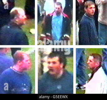 A number of suspected football hooligans that Greater Manchester Police want to identify. GMP is appealing for anyone who recognises the six men to come forward. They were captured on video after trouble erupted at Manchester City's Maine Road ground. * when they were defeated 2-1 by Chelsea on May 19. Almost 3,000 football fans ran on to the pitch at the end of the game which came two weeks after City were relegated. Some 200 fans turned violent, throwing signs and chairs and injuring police officers, horses and ground stewards. GMP is liaising with the Metropolitan Police to identify the Stock Photo