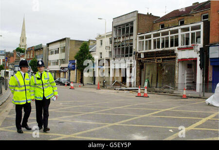 A general view of of bomb damaged buildings on Ealing Broadway, West London after a car bomb blast. Anti-terrorist officers spent all day yesterday searching the bomb blast site for clues. Stock Photo
