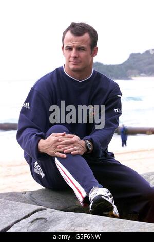 British & Irish Lions player Austin Healey poses for photographs on Manly Beach, Australia as he has been selected to face Australia in the deciding 3rd and final Test match of the Lions series. Stock Photo