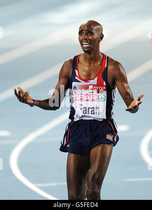 Great Britain's Mo Farah wins the Men's 5000 meters during day Five of the European Championships at the Olympic Stadium in Barcelona, Spain. Stock Photo