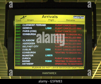 An arrivals screen at London City Airport shows flights either cancelled or diverted to Biggin Hill, Kent. Flights in and around the UK have been disrupted by a knock-on effect after yesterday's terrorist attacks in the United States. * The British Government also announced that passenger planes will not fly over central London. Stock Photo