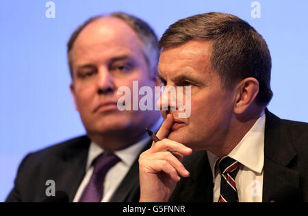 Secretary of State for Wales David Jones (right) and Leader of the Conservative Group in the Welsh Assembly Andrew RT Davies during a discussion on 'The United Kingdom in Action' during the second day of the Conservative Party Conference at the ICC, Birmingham. Stock Photo