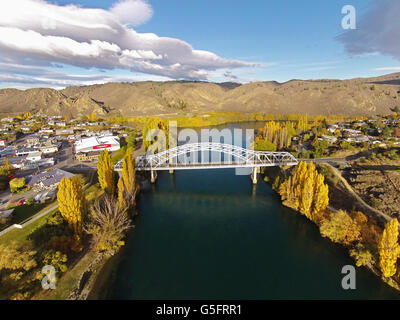 Alexandra Bridge and Clutha River in autumn, Central Otago, South Island, New Zealand - drone aerial Stock Photo