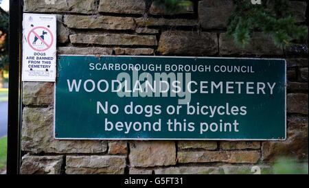 A general view showing the sign at the entrance to Woodlands Cemetery, Scarborough, where Sir Jimmy Savile is buried. Stock Photo