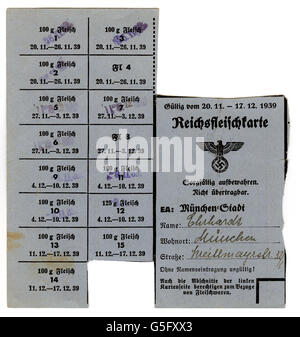 Nazism / National Socialism, documents, ration card for meat, Munich, 1939, Additional-Rights-Clearences-Not Available Stock Photo