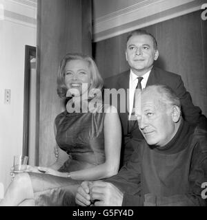 From left: Honor Blackman, Herbert Lom and Curt Jurgens meet journalists at the Savoy Hotel in London to discuss the creation of Six Star Television. Also part of the new production company are Richard Attenborough and John and Hayley Mills (not pictured). Stock Photo