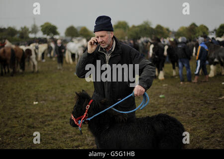 A horse trader (name not known) on the phone at the Ballinasloe Horse Fair in Co. Galway, Ireland. Stock Photo