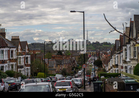 View of Alexandra Palace from Ferme Park Road, Crouch Hill on a bright cloudy day in 2016 Stock Photo