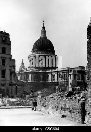 St. Paul's Cathedral stands out clearly against the skyline now that demolition men have cleared away bombed buildings in the vicinity. Stock Photo