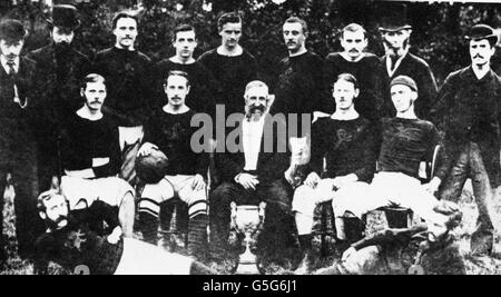 The Aston Villa team which won the Birmingham F.A. Challenge Cup in 1880. Standing: J. Hughes (umpire), William McGregor (vice president), W. Mason (honorary secretary), E. B. Lee, H. Simmonds, T. Park, E. Davies, F. Johnstone (vice president), H. Jeffries (honary treasurer). Seated: Archie Hunter, George Ramsay (captain), W. Ellis (president), Archie Hunter, C. Johnstone. Reclining: D. Law, H. Ball. Stock Photo