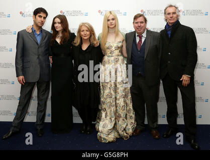 (left to right) producer Andrew Litvin, Alice Englert, director Sally Potter, Elle Fanning, Timothy Spall and producer Christopher Sheppard arriving for the BFI London Film Festival screening of Ginger And Rosa, at the Odeon West End, Leicester Square in central London. Stock Photo