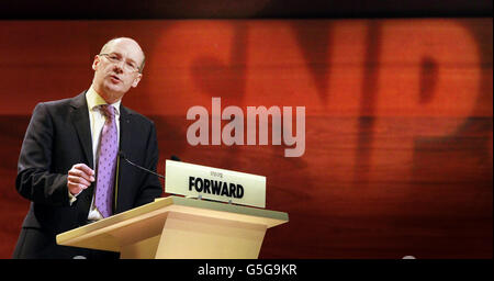 John Swinney MSP, Cabinet Secretary for Finance, addresses the Scottish National Party (SNP) annual national conference at Perth Concert Hall in Scotland. Stock Photo