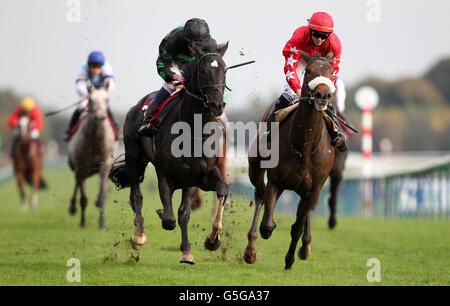 Geordie Man (green and black silks) ridden by Ryan Moore comes home to win The Haydock Park's Rio Carnival Christmas Parties maiden stakes from second placed Butterfly McQueen (red silks) ridden by David Probert Stock Photo