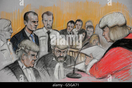 A court sketch of Christopher Halliwell (2nd left) who was jailed for life today after pleading guilty to the murder of Sian O'Callaghan. Stock Photo