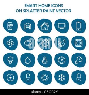 Smart home icons on blue splatter paint. Flat icons on round paint stains background. Icons, symbol, logo Stock Vector