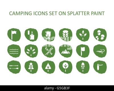 Camping icon set on green splatter paint. Flat icons on round paint stains background. Icons, symbol, logo Stock Vector