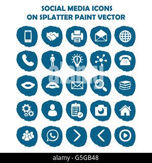 Social media icon set on blue light splatter paint. Flat icons on round paint stains background. Icons, symbol, logo Stock Vector