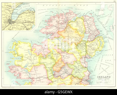 IRELAND NORTH: Ulster Connaught Belfast.Counties railways coach canals, 1909 map Stock Photo