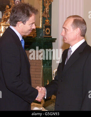 Britain's Prime Minister Tony Blair (left) meets Russian President Vladimir Putin. Mr Blair's visit to Russia and meeting with the Russian president is part of the coalition building process to identify those responsible for the attacks on the U.S. on September 11th. * Blair and Putin are expected to discuss the evidence paper on prime suspect Osama bin Laden as well as the humanitarian efforts to be undertaken to help refugees. Stock Photo