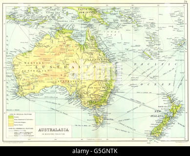 AUSTRALASIA: Physical. Railways steamship routes telegraph cables, 1909 map Stock Photo