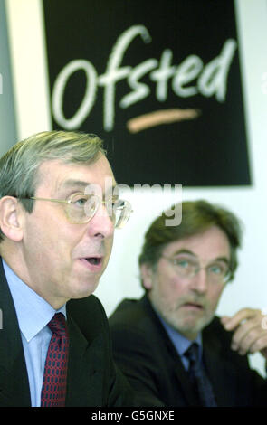 Her Majesty's Chief Inspector of Schools Mike Tomlinson (left), and Divisional Manager of the Secondary Educational Division for the Office for Standards in Education (Ofsted) Mike Raleigh answer questions over Ofsted's publication 'Specialist Schools : An Evaluation of Progress' at a press conference in central London. The report claims Specialist comprehensives are failing in one their key objectives to share their expertise with other schools in their area. Stock Photo