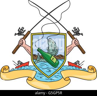 Drawing sketch style illustration of hand holding fishing rod and reel hooking a beer bottle and fish with deep sea fishing boat on side set inside crest shield shape coat of arms done in retro style. Stock Vector