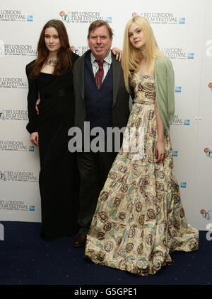 Timothy Spall, Elle Fanning (right) and Alice Englert (left) arriving for the BFI London Film Festival premiere of Ginger And Rosa at the Odeon West End, in Leicester Square, London. Stock Photo