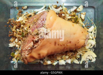 Marinated raw pork knuckle before roast with spicies Stock Photo