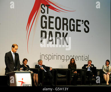 The Duke of Cambridge makes a speech during the official launch of The Football Association's National Football Centre at St George's Park in Burton-upon-Trent, England. Stock Photo