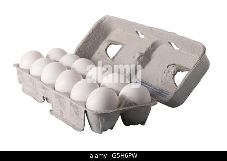 A carton of a dozen fresh eggs, angled view Stock Photo