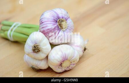 Bunch of fresh garlic with green scape on brown wood plate. Stock Photo