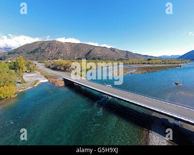 New Kurow Bridge over Waitaki River, Kurow, Waitaki Valley, North Otago, South Island, New Zealand - drone aerial Stock Photo