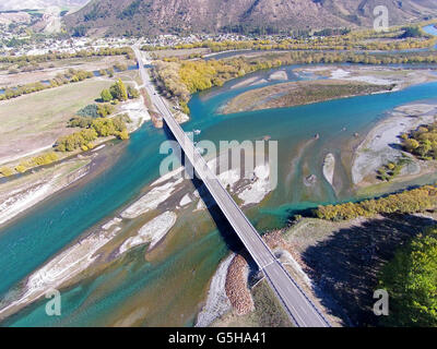 New Kurow Bridge over Waitaki River, Kurow, Waitaki Valley, North Otago, South Island, New Zealand - drone aerial Stock Photo