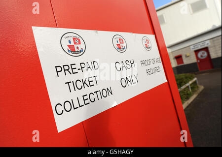 Soccer - npower Football League One - Crawley Town v Bury - Broadfield Stadium. Ticket signage at the Broadfield Stadium, home to Crawley Town Stock Photo