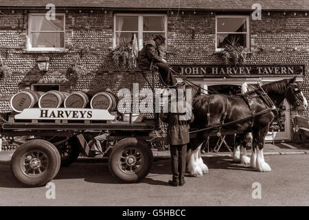 Harveys Brewery Dray and Horses Outside The John Harvey Tavern, Lewes, Sussex, UK Stock Photo