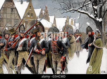 events,War of the Fourth Coalition(Russo-Prusso-French War of 1806/1807),the remains of the Prussian guard retreating through Memel,14.1.1807,colour print after painting by Carl Roechling(1555 - 1920),Napoleonic Wars,,retreat,retreats,East Prussia,historic,historical,1st Bataillon/Infantry Regiment 15,soldiers,soldier,winter,wintertime,wintertide,snow,tattered,march,marches,Prussian,Prussians,war,wars,marching column,marching columns,defeat,Germany,military,uniform,uniforms,19th century,historic,historical,Russo Prusso Fren,Additional-Rights-Clearences-Not Available Stock Photo