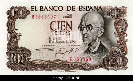 money / finances, banknotes, Spain, banknote about 100 peseta, number R3668697, portrait of Manuel de Falla, Banco de Espana, Madrid, 17.11.1970, peseta, hundred, hundreds, paper money, foreign exchange, financial means, substantial resources, finances, foreign currencies, capital, currency, currencies, valuta, means of payment, money, 1970s, 70s, 20th century, banknotes, banknote, bank note, bill, bank notes, number, numbers, historic, historical, people, Additional-Rights-Clearences-Not Available Stock Photo