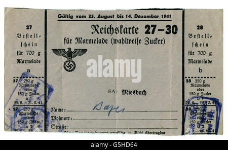 Nazism / National Socialism, documents, ration card for jam (alternatively for sugar), Miesbach, 1941, Additional-Rights-Clearences-Not Available Stock Photo