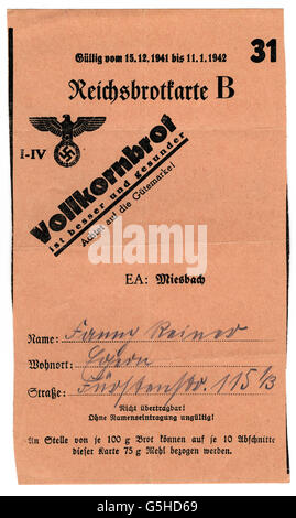 Nazism / National Socialism, documents, ration card for wholemeal bread, Miesbach, 1941 / 1942, Additional-Rights-Clearences-Not Available Stock Photo