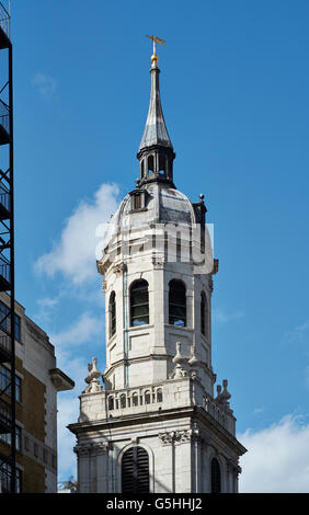 St Magnus the Martyr church in the City of London, the tower and steeple by Chrisopher Wren and Robert Hooke. Stock Photo