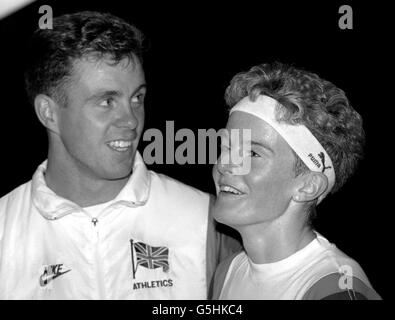 TOM MCKEAN AND YVONNE MURRAY AFTER THEY WON GOLDS IN THE 800M AND 3000M FINALS AT THE EUROPEAN ATHLETICS CHAMPIONSHIPS AT SPLIT, YUGOSLAVIA, 1990. Stock Photo