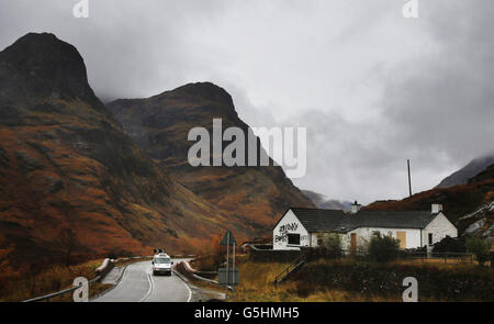 Slogans painted on the cottage owned by Jimmy Savile in Glencoe, Scotland. Stock Photo