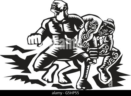 Illustration of Samoan legendTiitii wrestling the God of Earthquake and breaking his arm done in retro woodcut style. Stock Vector