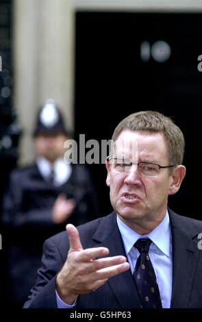 Danish Prime Minister Poul Nyrup Rasmussen addresses journalists outside Downing Street following a meeting with British Prime Minister Tony Blair. The two were meeting to discuss the current situation in Afghanistan. Stock Photo